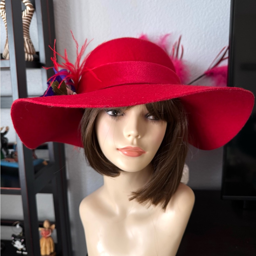 Red Wool Hat with Purple Flower and Feather - Picture 7 of 11